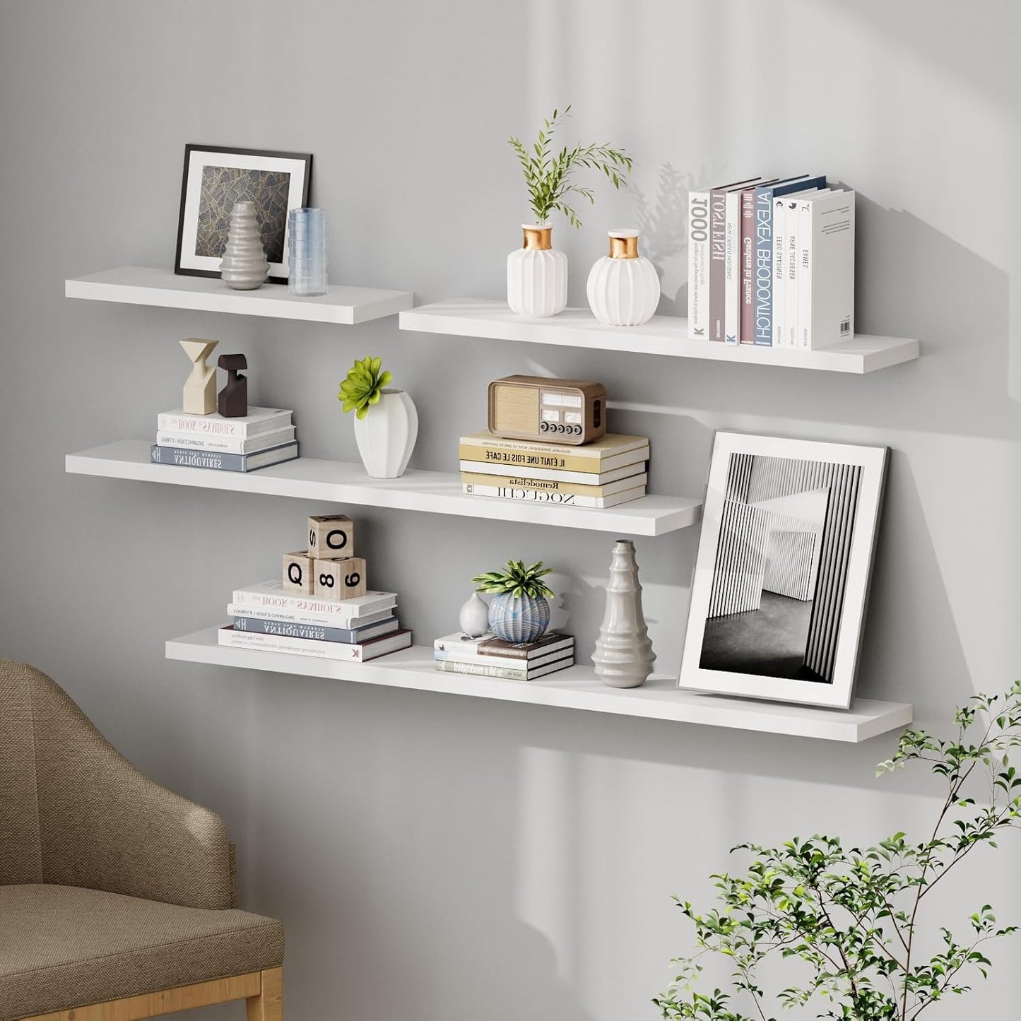 SAUMONIERES Floating Shelves 8 Inch Deep Solid Wood Wide Wall Shelf Set of 2 Wall Mounted for Bedroom Bathroom Living Room Kitchen, 24 Inch White