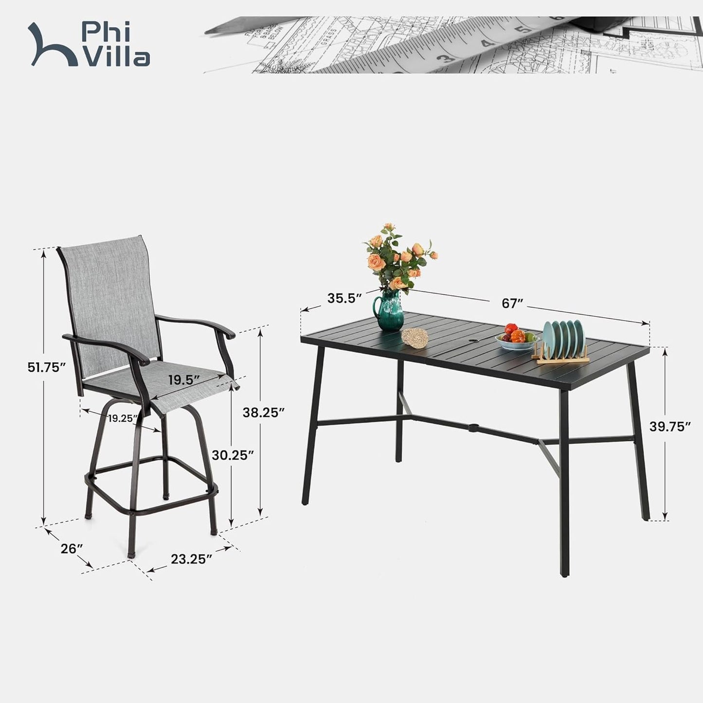 PHI VILLA 7 Piece High Top Patio Bar Set, Outdoor Bar Height Table and Chairs Dining Furniture Set with 6 Outdoor Swivel Bar Stools Grey & 1 Patio Bar Table for Garden, Yard, Terrace