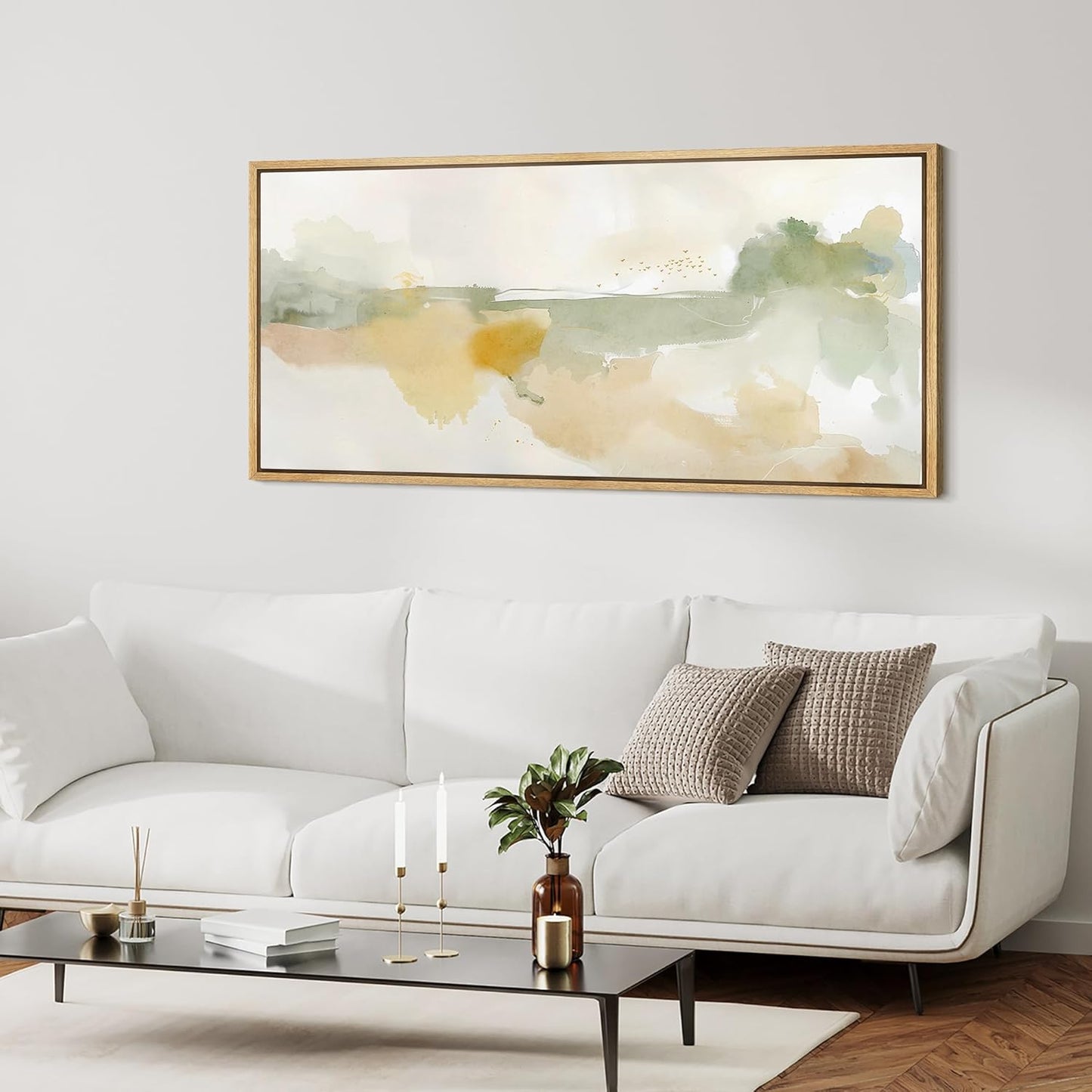 MUDECOR Extra Large Framed Canvas Print Wall Art Serene Watercolor Landscape in Green and Yellow Tones Antique Retro Fine Art Illustrations Decorative Colorful for Bedroom - 60"x30"