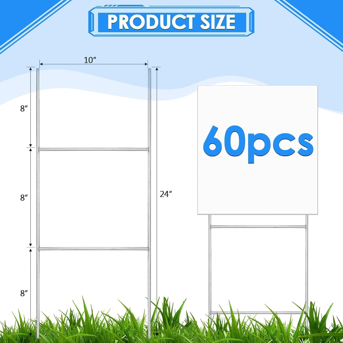 60 Pcs H Stakes for Yard Signs 24'' x 10'' Metal Heavy Duty H Frame Lawn Wire Stakes Weatherproof Metal Sign Holder Bulk for 4mm 5mm Corrugated Signs Board Guidepost Yard House Garden Decor