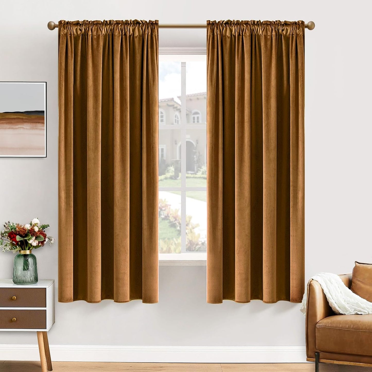 MIULEE Golden Brown Velvet Curtains Thermal Insulated Blackout Curtain Drapes for Bedroom Living Room Darkening 63 Inches Long Curtains Panels Rod Pocket Set of 2