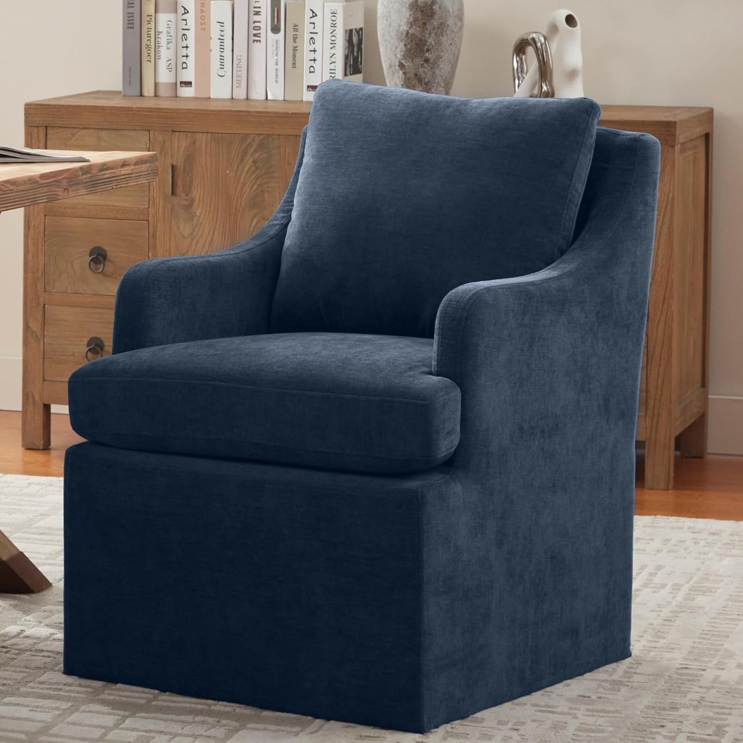 VKNOW Upholstered Dining Chairs Set of 2, Modern Kitchen Chairs Dinner Chairs with 4 Casters, Linen Armchair for Bedroom Reading Room Living Room, Navy