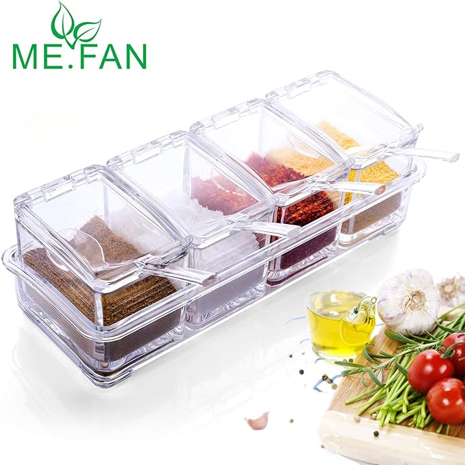 ME.FAN Clear Seasoning Rack Spice Pots - 4 Piece Acrylic Seasoning Box - Storage Container Condiment Jars - Cruet with Cover and Spoon