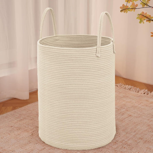 Large Woven Laundry Basket Hamper,80L Cotton Rope Storage Bin for Blankets,Toys and Clothes,Decorative Tall Nursery Hamper for Living Room,Baby Nursery,Bathroom and Bedroom,Beige
