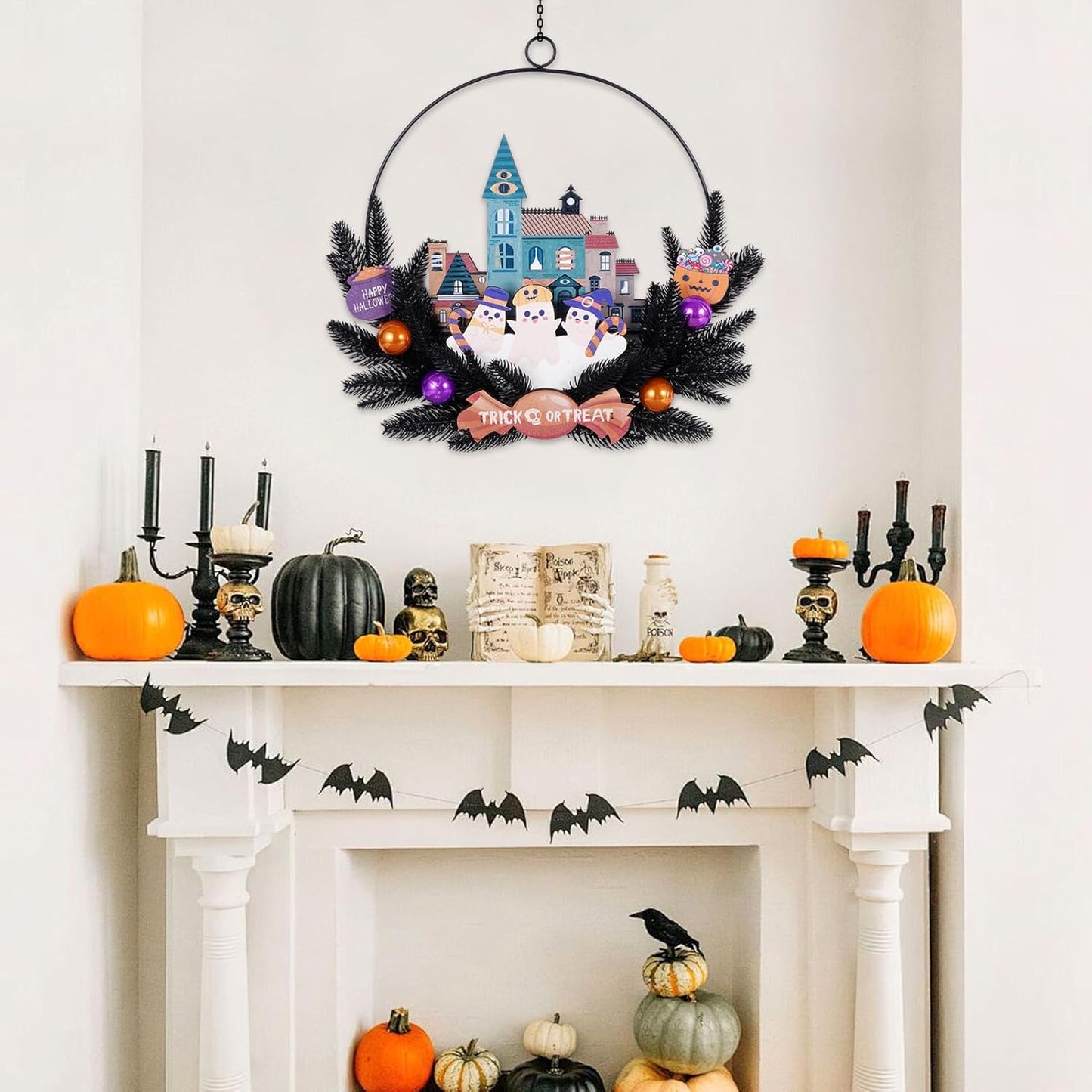 Lighted Halloween Wreaths for Front Door, Welcome Metal Wooden Door Wreath Decor Hanging Sign, 30 LED Lighted Wall Decor Battery Operated for Halloween Indoor Outdoor (Ghost)