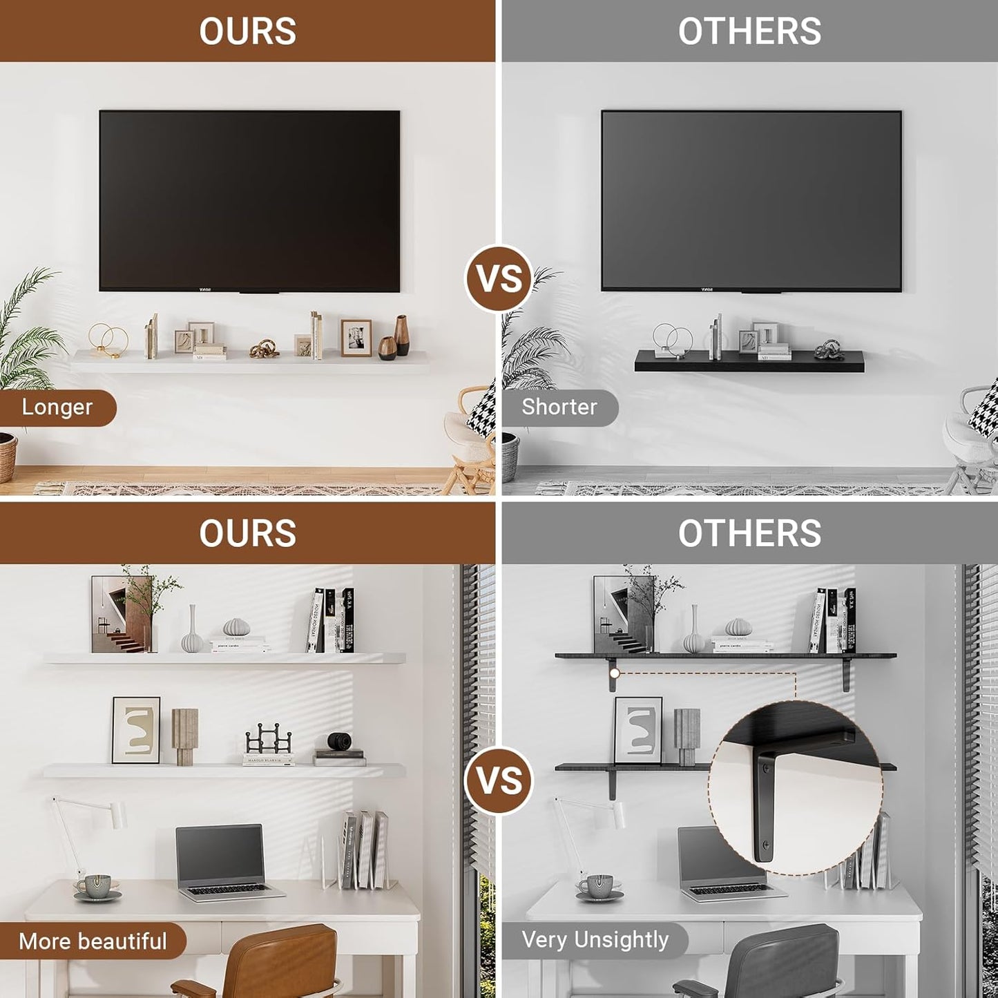 Heimlove Floating Shelves for Wall 36 Inches Long,9.3" Deep White Floating Shelf Set of 2,Wall Mounted Shelves for Bathroom Bedroom Living Room Kitchen Office,Shelf for Books Storage,Home Decor