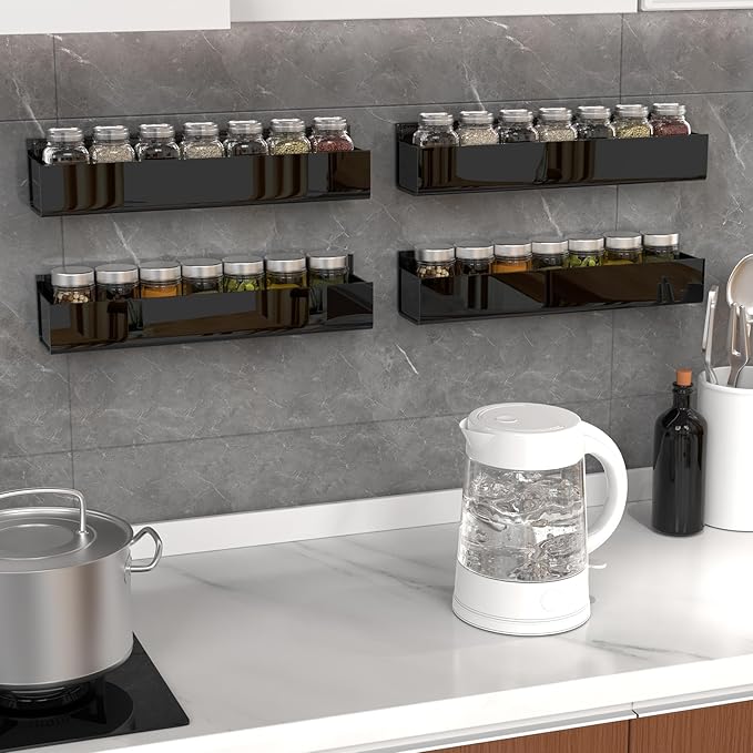 PMMASTO Adhesive Acrylic Spice Rack Organizer for Wall with Nano Double Sided Tape, Spice Shelf Organization for Kitchen Cabinet Door/Pantry Door, Wall Mount Seasoning Rack (Black - 4 Pack)