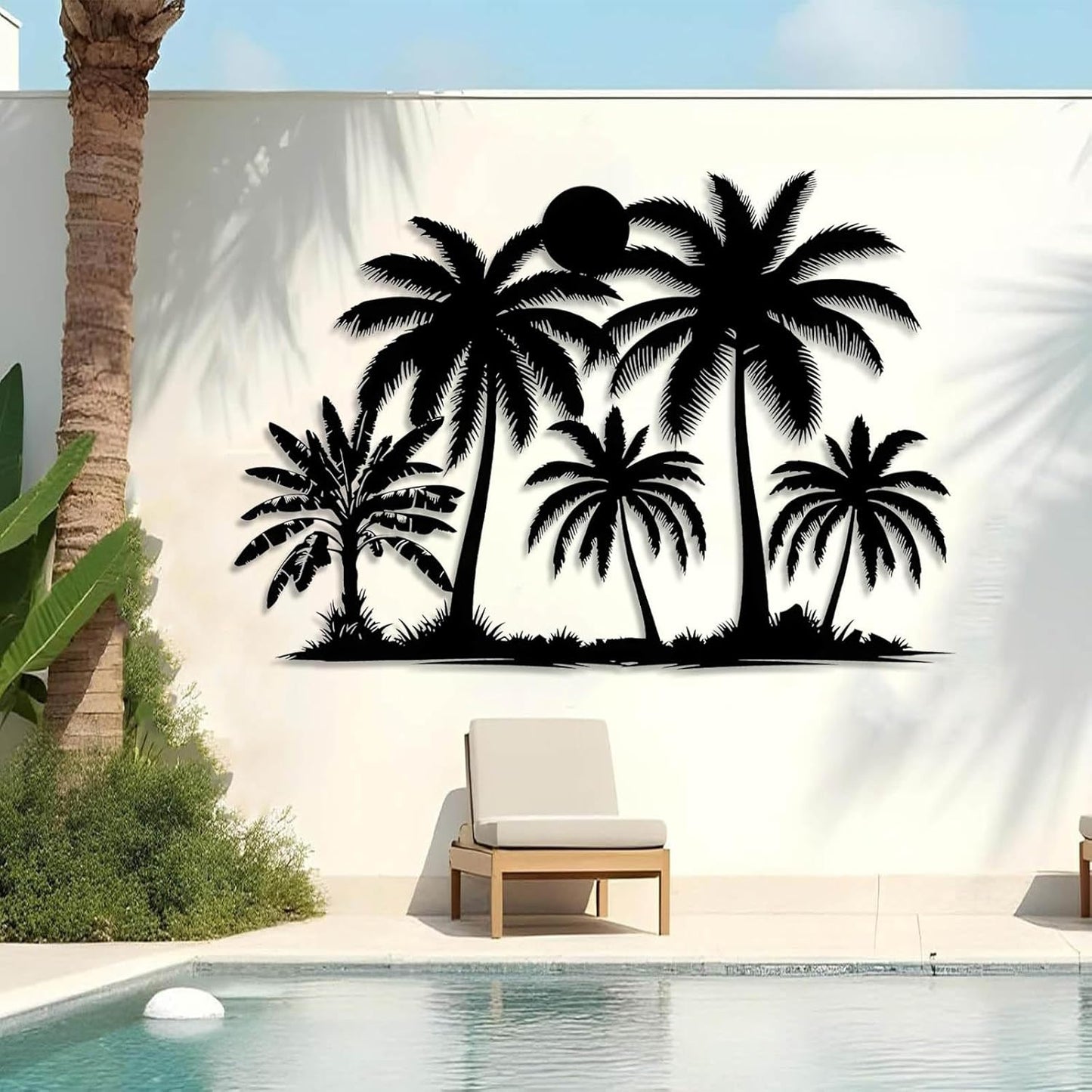 Tuglona Metal Palm Tree with Sunset Wall Decor, Tropical Palm Tree Metal Wall Art, Tropical Wall Decor, Sun Wall Art, Beach Wall Decoration, Coastal Trees Wall Hanging (Silver, 53"x37"/135x93cm)