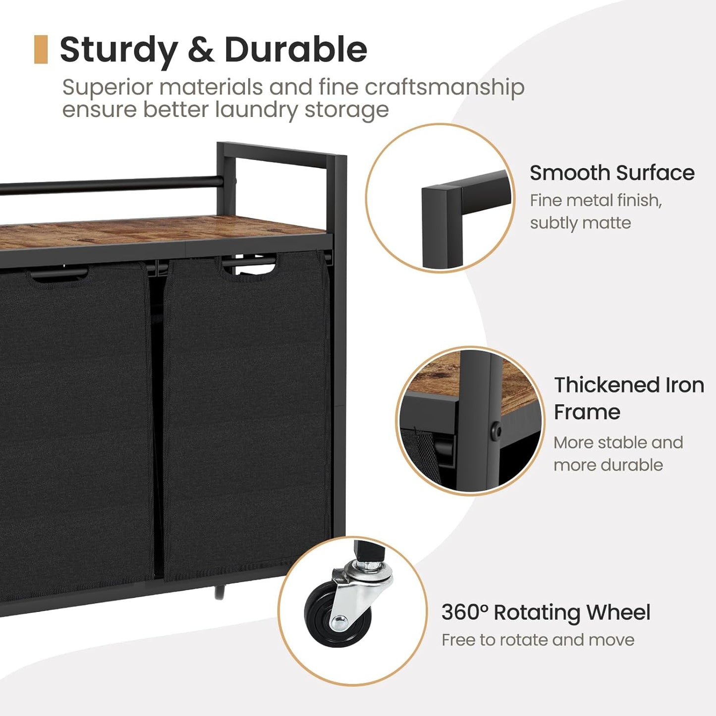 Laundry Hamper, Laundry Basket, Laundry Sorter with 2 Removable Bags, Clothes Basket with 2 Compartments, Wheels, Shelf for Laundry Room Bathroom Bedroom (2 Bags-Black)