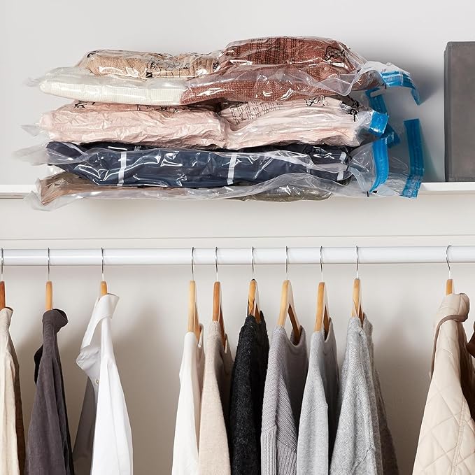 Amazon Basics Vacuum Compression Zipper Storage Bags With Hand Pump, Medium, Clear, 5-Pack, White, Sky Blue