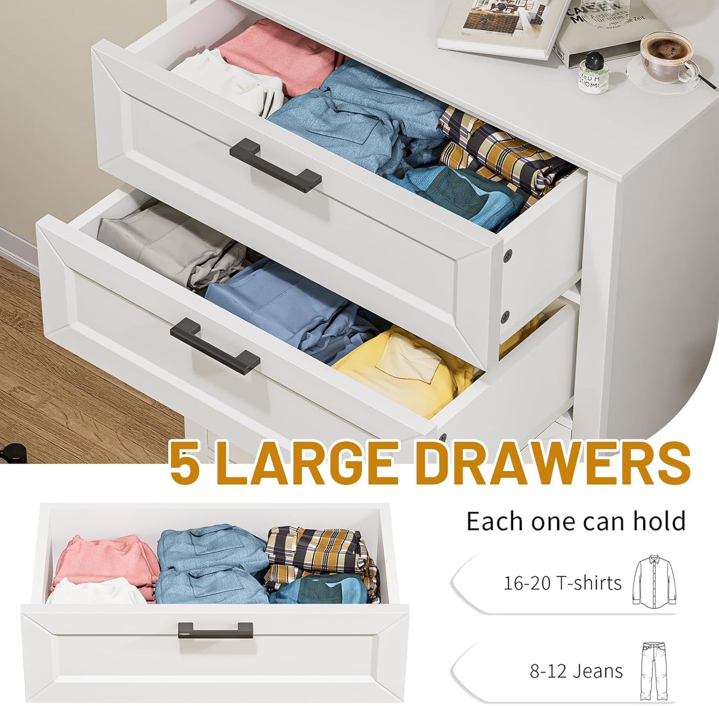 White Dresser for Bedroom, Wood Dresser with 5 Drawers, Chest of Drawer for Bedroom Living Room Entryway Hallway, Modern Farmhouse Style Black Handles 47" Tall