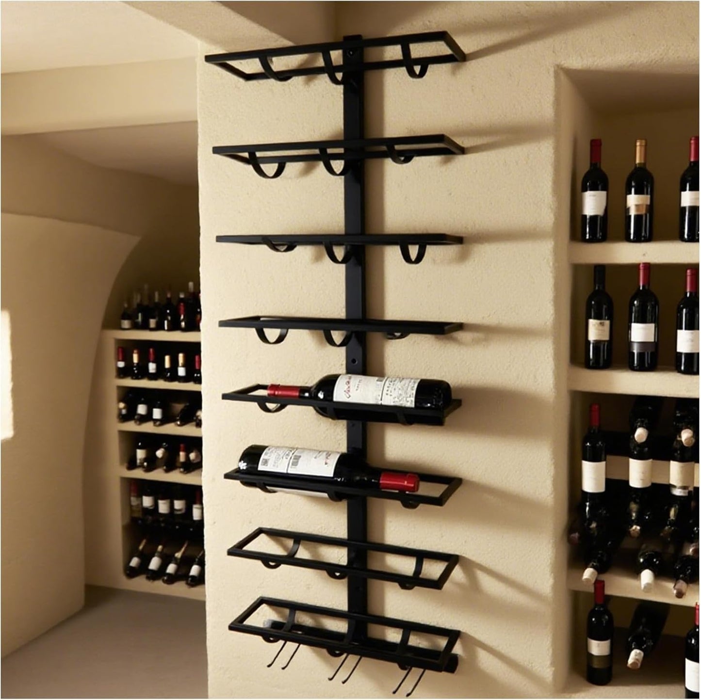 8 Bottle Wall Mount Wine Rack with Wine Glass Holder, Metal Wine Wall Rack, Wall Racks for Wine Bottles Display and Storage, Hanging Bottle Organizer for Living Dining Room Wine Cellar Bar (Black）