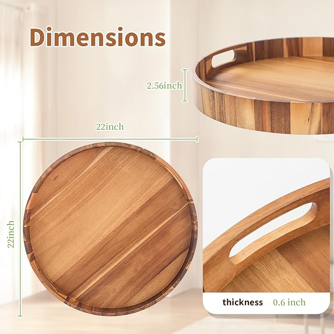 Large Ottoman Tray, 22" Big Ottoman Tray for Living Room, Large Serving Tray with Handles for Coffee Table Kitchen Counter,Great Round Wooden Trays with 4 Round Coasters for Appetizers, Dinner