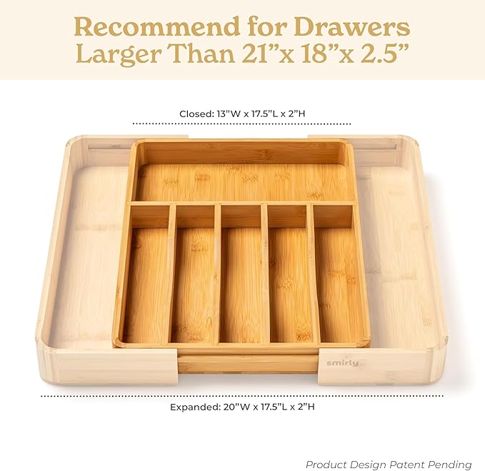 SMIRLY Silverware Drawer Organizer – Bamboo Kitchen Drawer Organizer, Adjustable Utensil Holder and Cutlery Tray, Drawer Dividers for Flatware and Kitchen Utensils