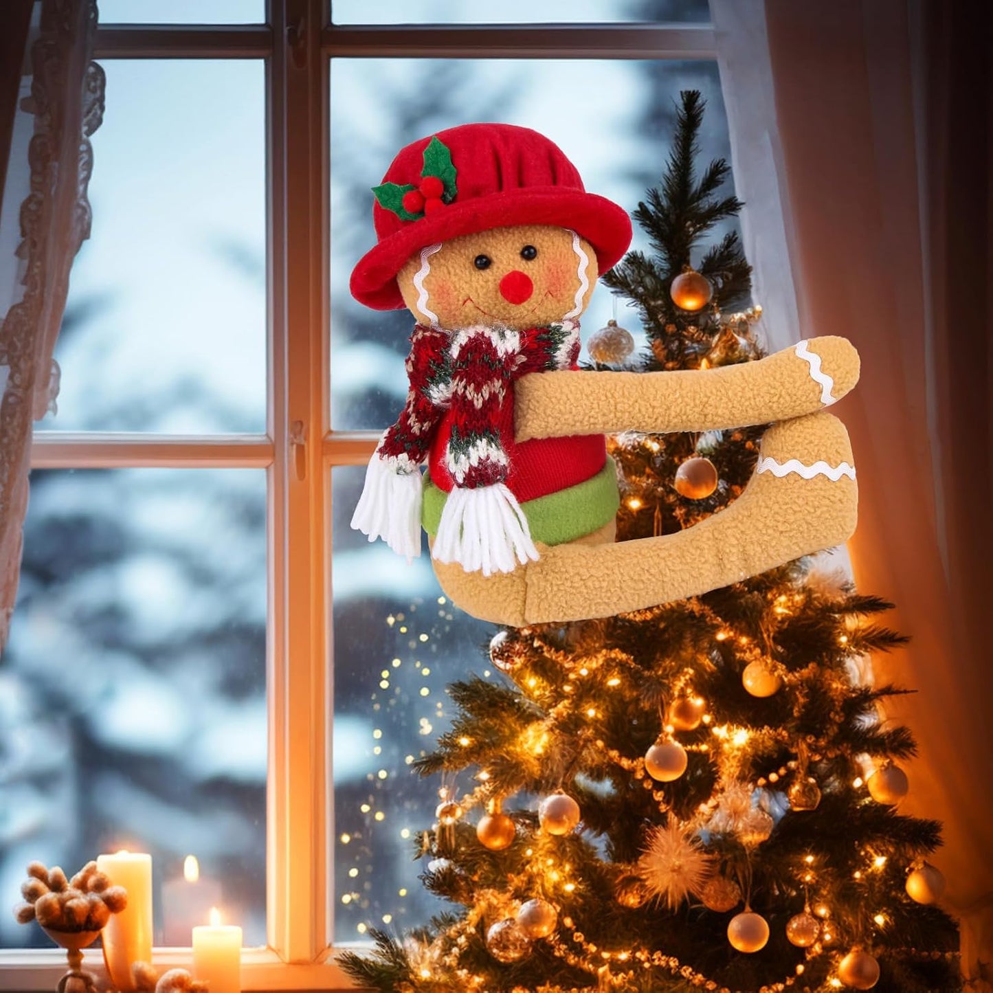 Gingerbread Christmas Tree Topper Decorations, Unique Funny Xmas Gingerbread Ornament Doll Plush Tree Hugger Decor for Wine Bottle Curtain Christmas Tree Ginger Bread Home Decor (Female Gingerbread)