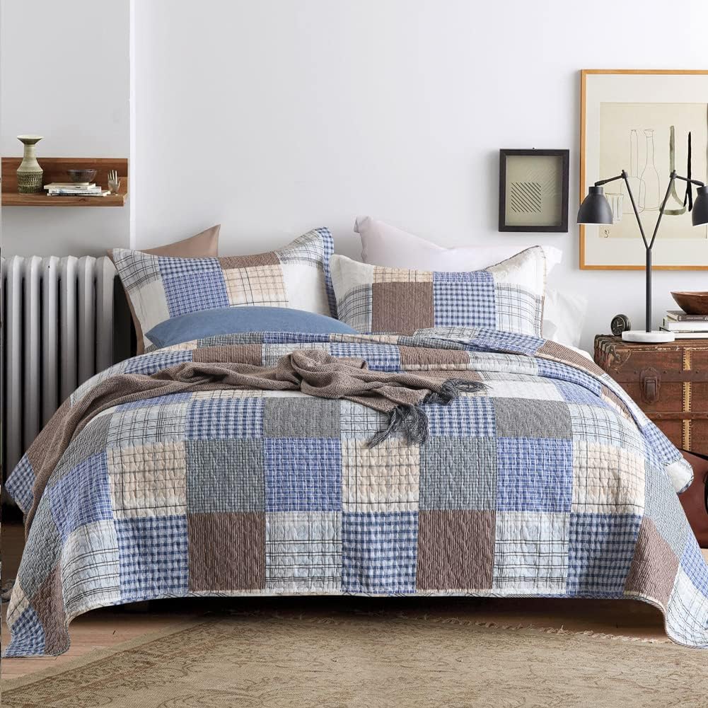 Secgo King Size Comforter Set- 100% Cotton Quilt King Size Set, Bule, Plaid bedspreads (96 * 108 Inch) with 2 Pillow Shams, Patchwork Reversible Lightweight Bedding