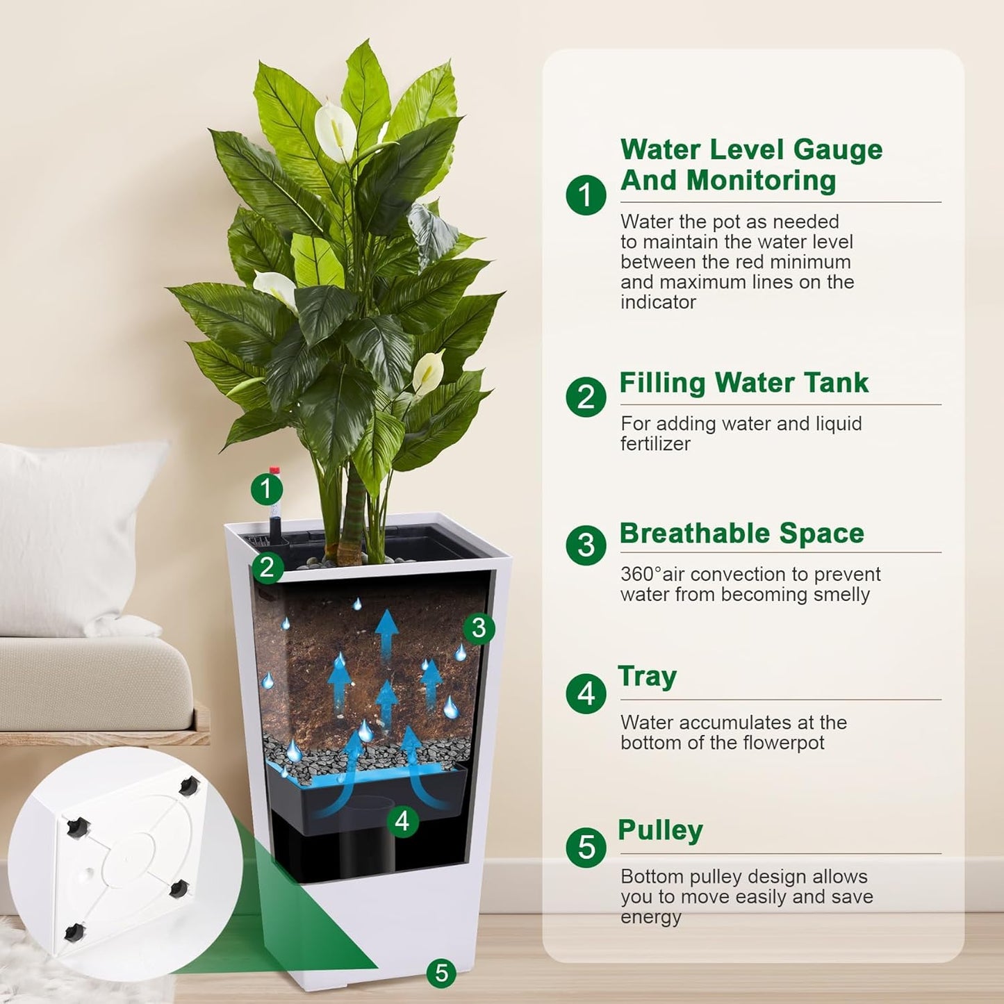 30 Inch Tall Planters Set of 2, Front Porch Self Watering Pots with Drainage Holes ＆ Water Level Monitor ＆ Inner Bucket