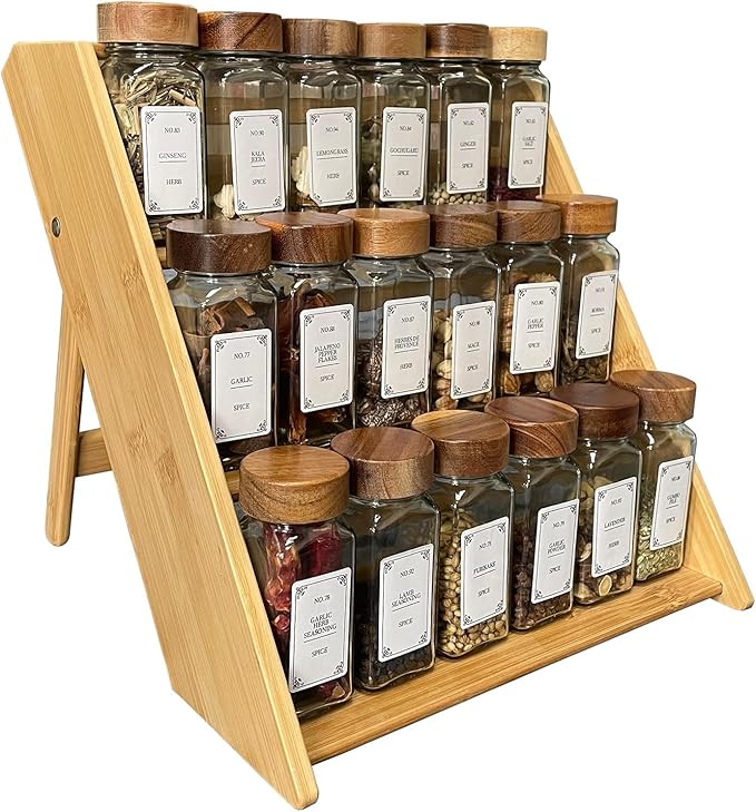 Bamboo Spice Rack Organizer - 3 Tier Foldable Wooden Spice Rack for Countertop, Cabinet & Drawer- Organic Bamboo-Extra Sturdy Wooden Spice Shelf, No Spice Jars Included