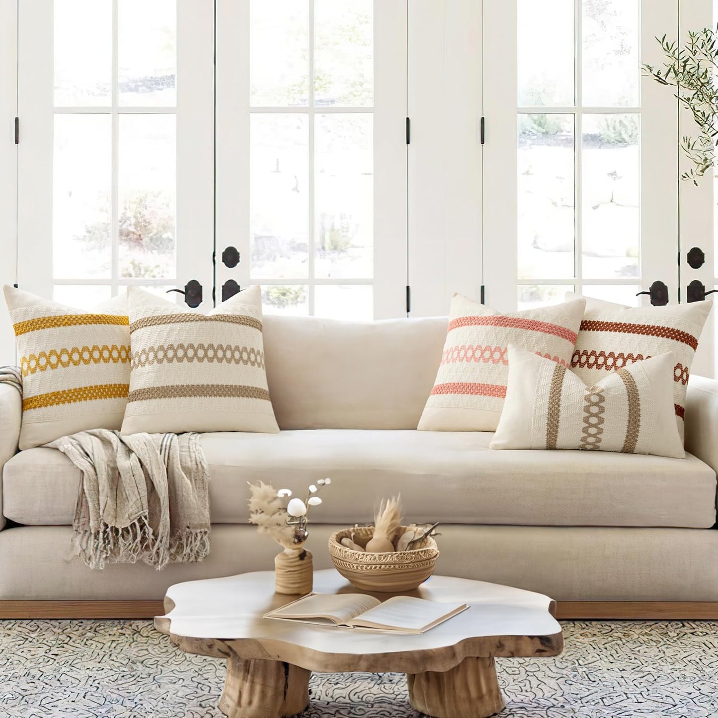 MIULEE Set of 2 Mustard Yellow Boho Decorative Pillow Covers 18x18 Inch Farmhouse Rustic Couch Throw Pillows Modern Spring Cotton Cushion Covers Retro Cute Macrame Woven Home Decor for Bed Sofa Chair