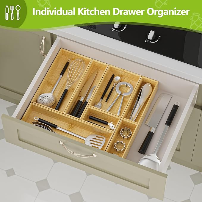 Silverware Bamboo Drawer Organizer Tray, 4 PCS Kitchen Drawer Organizer Storage for Utensil Cutlery, Bathroom, Office Desk, Makeup
