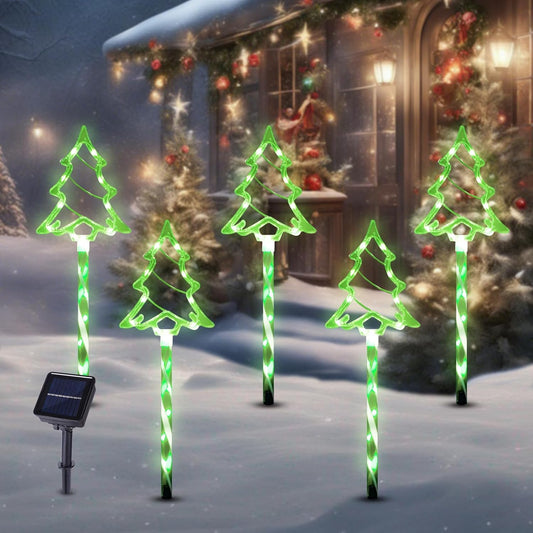 Christmas Solar Pathway Lights Outdoor Decorations， 8 Modes Xmas Tree Candy Lights Waterproof Led Garden Stake Light for Walkway Yard Lawn Porch Holiday Decor 5-Pack (Green Tube Tree, 5 Pack)