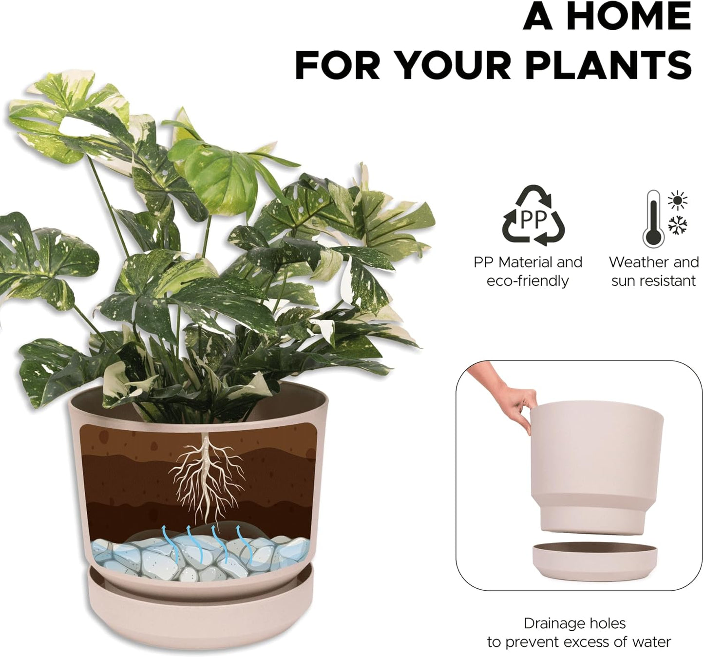 Elly Décor 8 inch Plastic Cylinder Planter Pot with Self-Watering Saucer and Drainage Hole,Lightweight & Extremely Durable, 8"x 8", Ivory