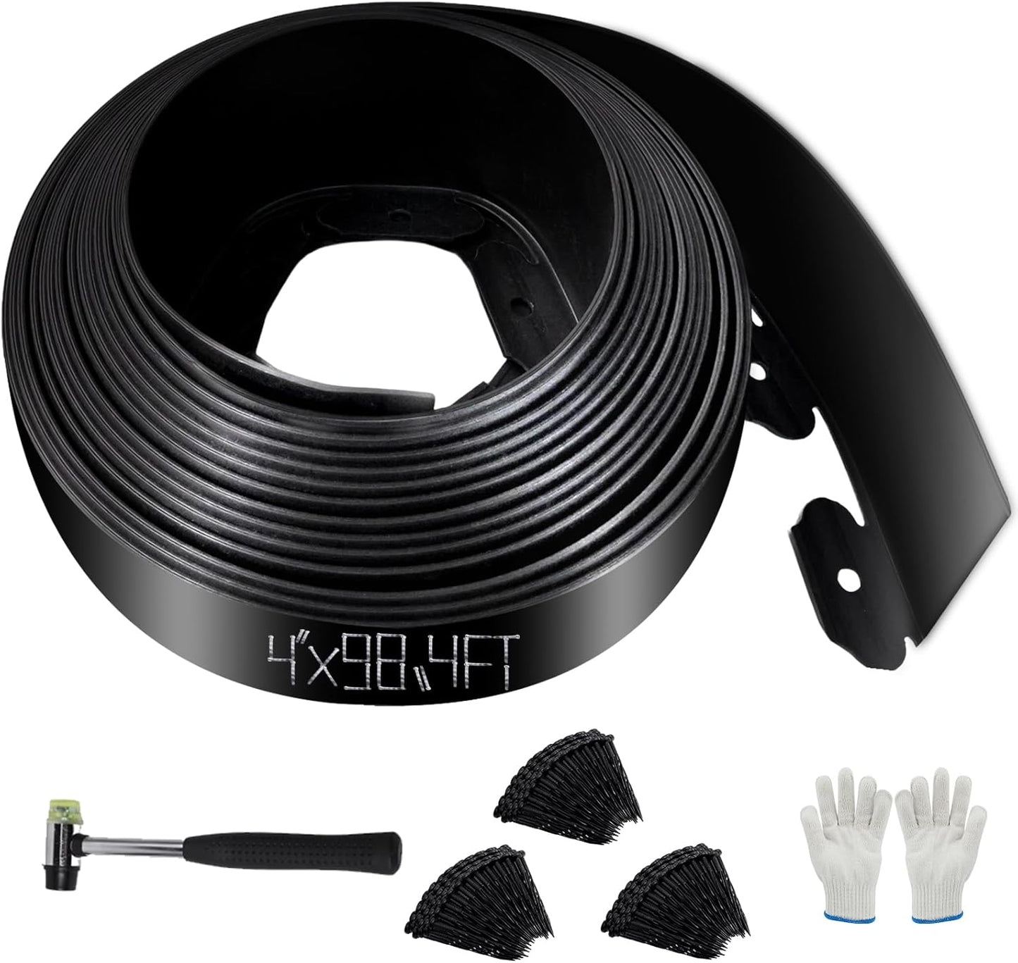 No Dig Landscape Edging 4" x 98.4FT Kit, Plastic Edging for Landscaping with 100 Spikes for Garden, Lawn, Flower Beds and Yard