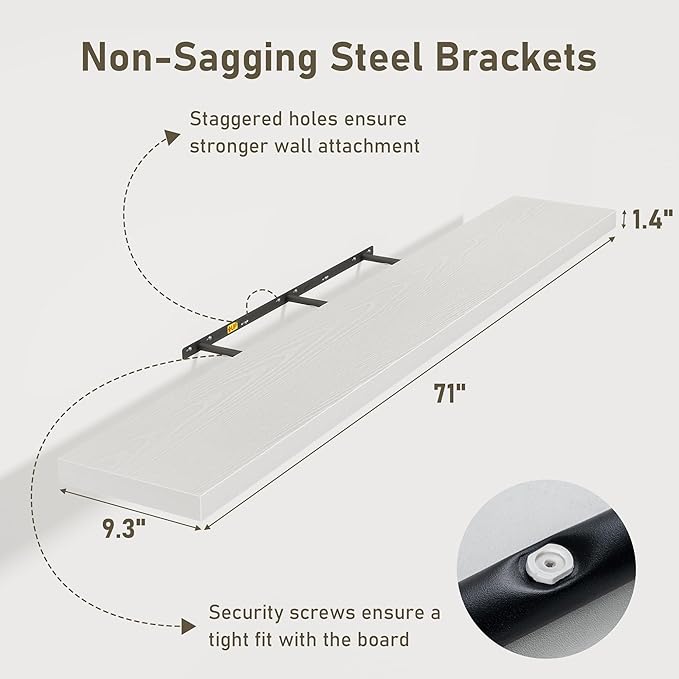 Fun Memories 72 Inch Floating Shelves for Wall 2 Pack Shelves for Bedroom|Kitchen|Bathroom 72 x 9.3 Inch Wood Floating Shelf with Invisible Brackets for Books|Storage|Decor, White