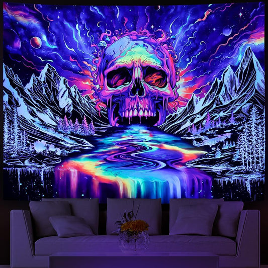 Blacklight Skull Tapestry UV Reactive Galaxy Mountain Planet Tapestries Magic Neon River Wall Hanging Aesthetic Skeleton Wall Decor Forest Trees Landscape Backdrop for Living Room