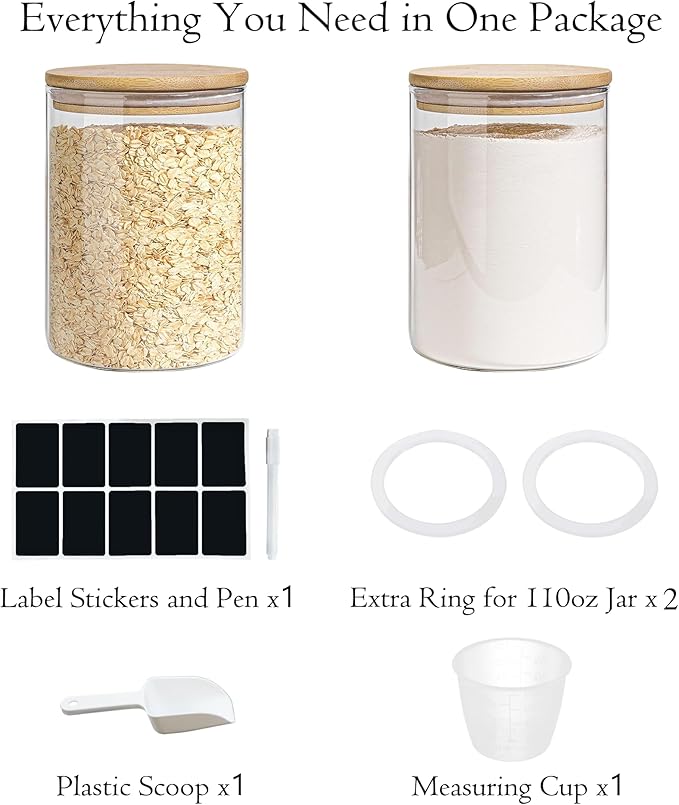 Glass Storage Jars Set Elegant Containers with Airtight Bamboo Lids, Perfect for Kitchen Organization - Flour, Rice, Pasta, Sugar, Coffee Beans, Accessories Included (2 packs(111oz))