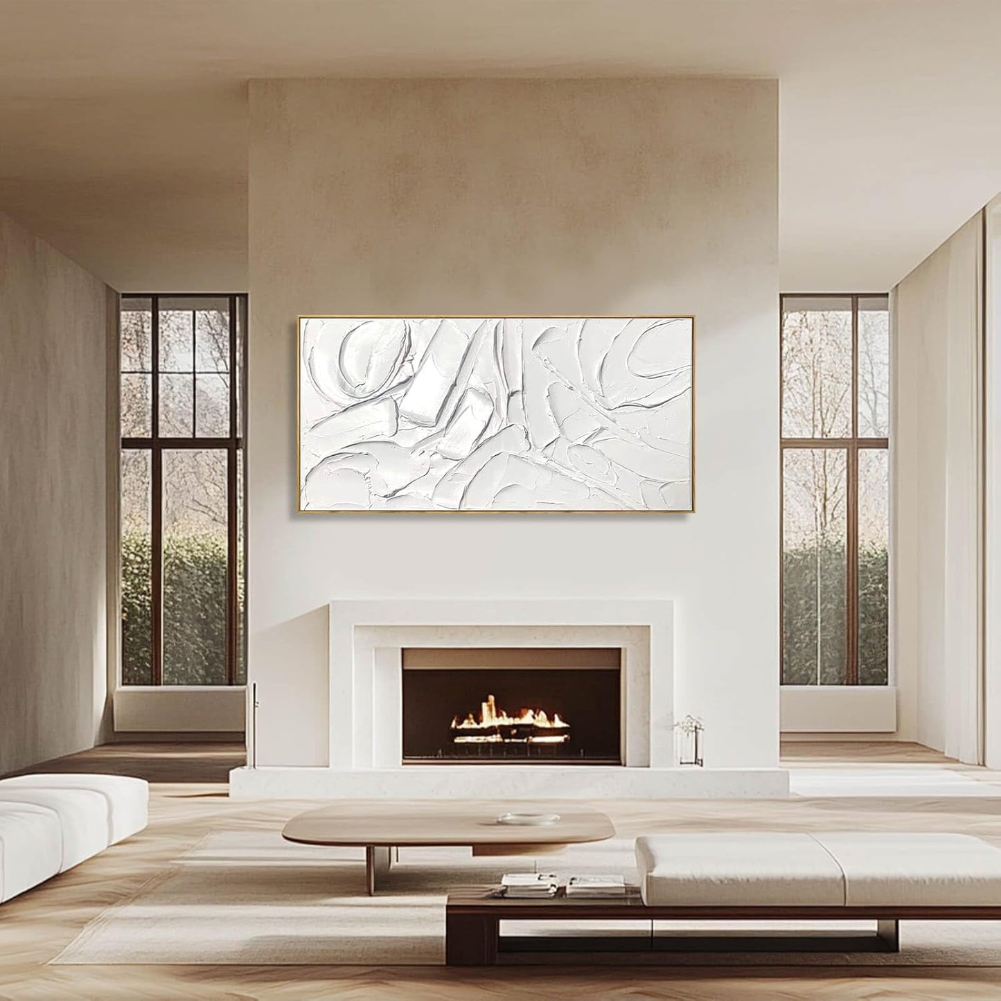 XIANSHOU White Artwork for Walls Contemporary Abstract Art Hand Painted 29"x58" Line Art Wall Decor Large Wall Art for Living Room Bedroom Hotel