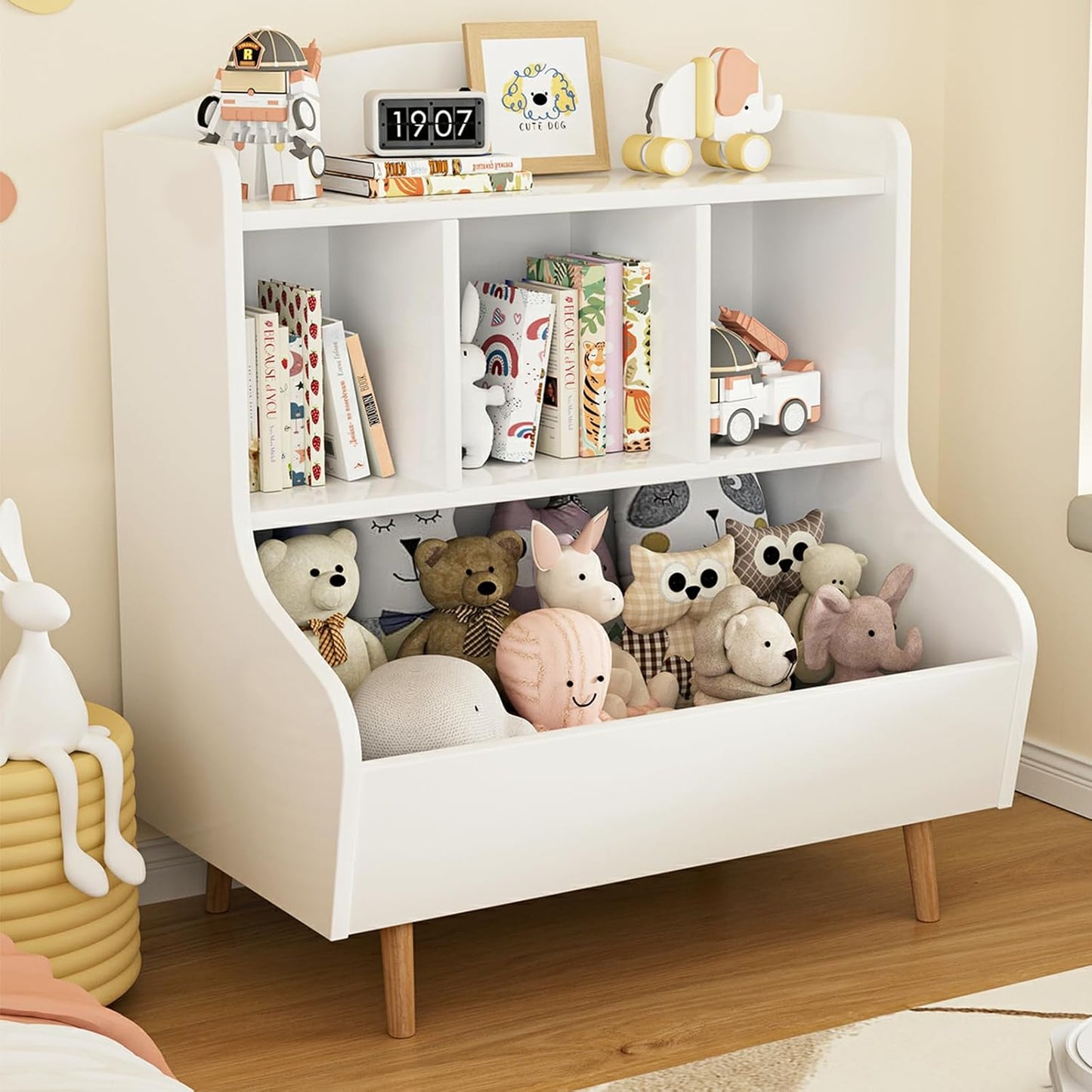 Toy Storage Organizer, 3 Tier Floor Standing Toddler Bookshelf with Legs, 5 Cube Kids Bookshelf and Toy Storage, Book Shelf for Kids Room, Living Room, Nursery, White