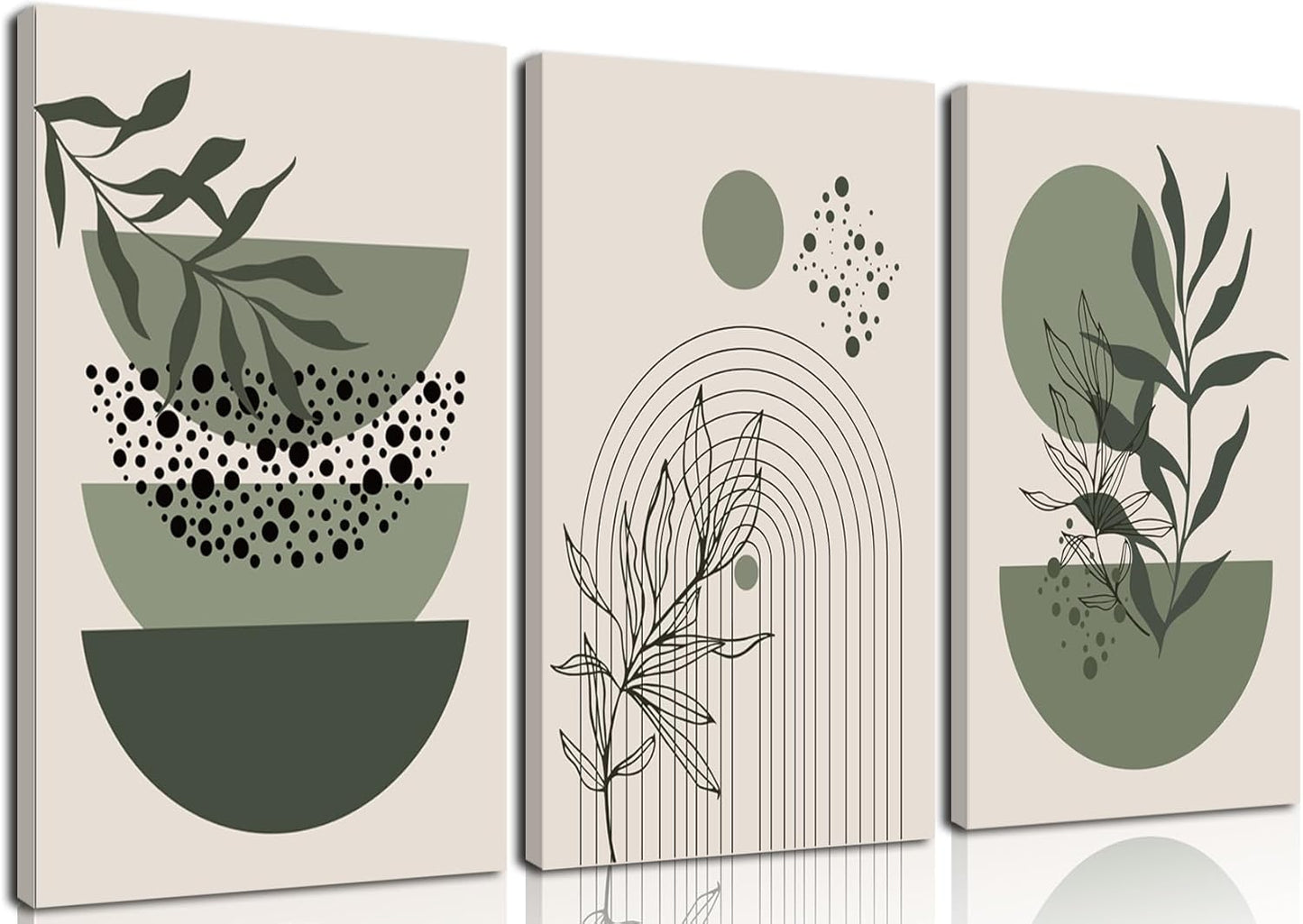 Sage Green Boho Wall Art Set of 3 Abstract Minimalist Geometric Line Poster Green Botanical Leaf Canvas Prints Modern Artwork Painting Decor for Living Room Bedroom Office 12x16 in Framed