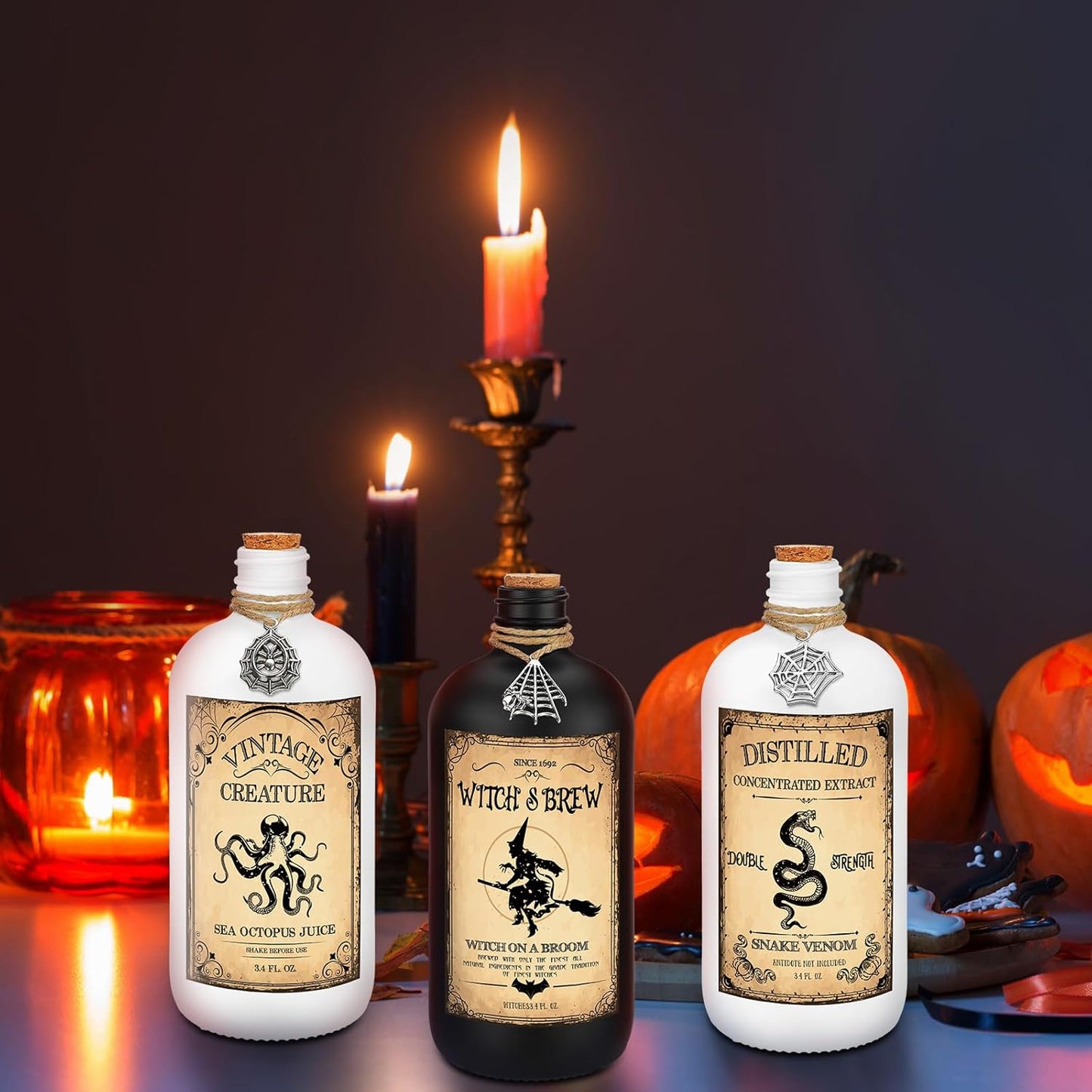 Uiifan 31 Pcs Halloween Potion Bottles Set Including Glass Apothecary Bottles with Cork Stickers and Pendants Halloween Decorations Indoor Party Supplies(White, Black,16 oz)