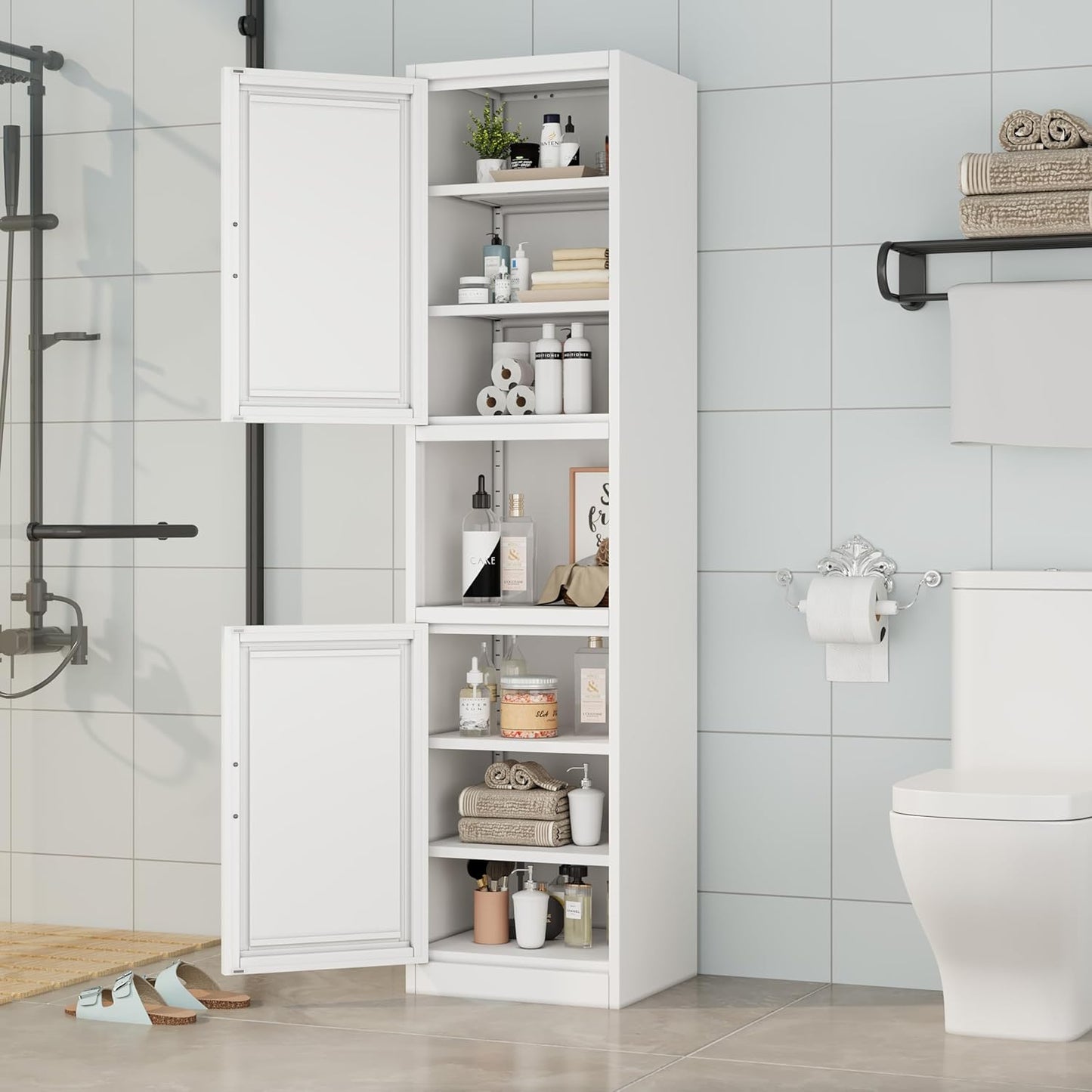 Tall Narrow Storage Cabinet 66.93" H Tall Bathroom Cabinets Metal Pantry Cabinet, 4 Adjustable Shelves for Kitchen, Home Office, Living Room, Dinning Room (16 inches Wide White)