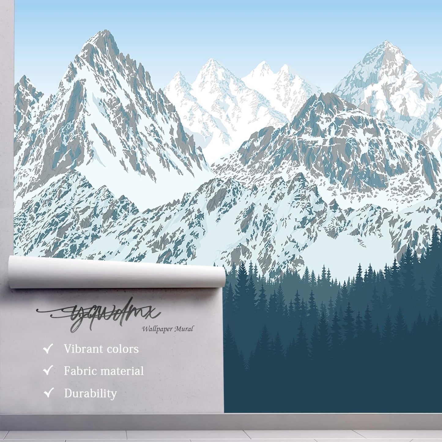 -Forest Snow Mountain Peaks Blue Sky Wallpaper Bedroom Living Room XT09 S 100" x 65"
