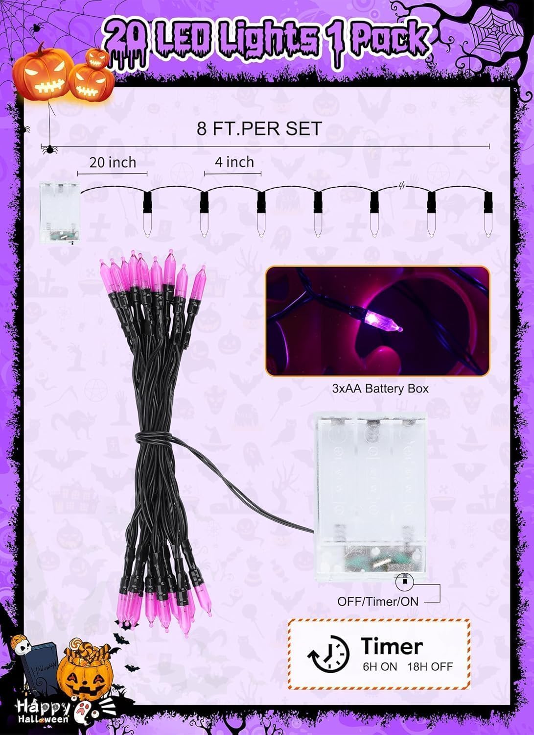 Battery Operated Halloween Indoor String Lights, 8 ft 20 LED Orange and Purple Mini Tree Lights with Timer, Indoor Outdoor Patio Garland Window Decor for Party Christmas Halloween Decorations