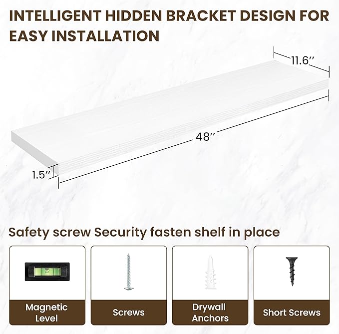 48 Inch Floating Shelves, 11.6 Inch Deep Floating Shelves for Wall, Floating Shelf with Invisible Brackets, Deep Shelves for Bathroom, Bedroom, Living Room, 1 Pack, White