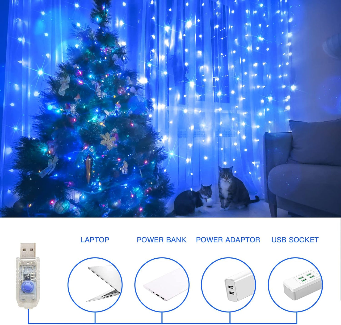suddus Curtain Lights for Bedroom, 200 Led Hanging String Lights Outdoor Waterproof, Fairy Curtain Lights for Backdrop, Window, Wall, Wedding, Party, Blue