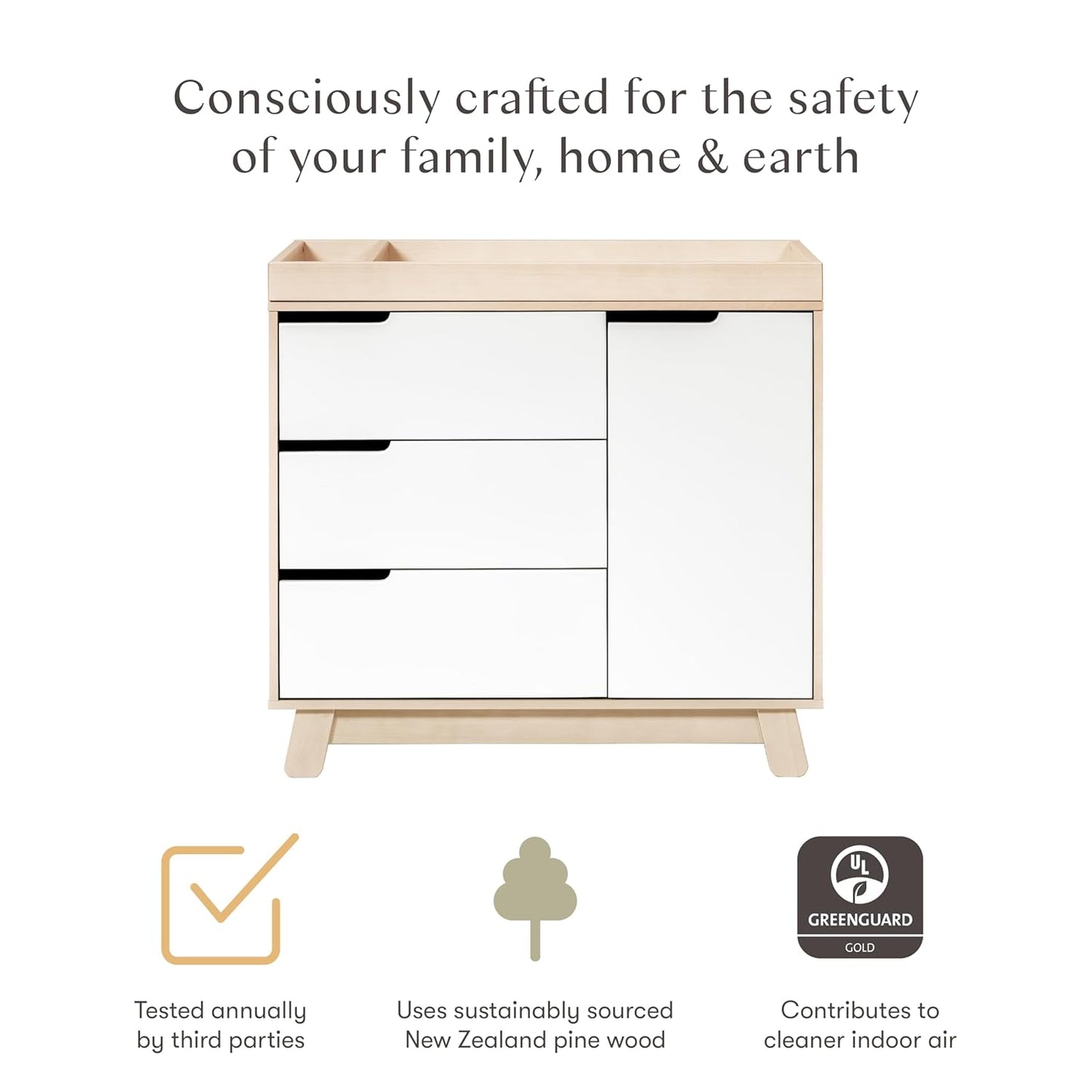 Babyletto Hudson 3-Drawer Changer Dresser with Removable Changing Tray in Washed Natural and White, Greenguard Gold Certified