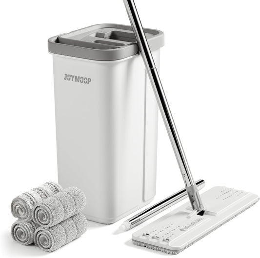 JOYMOOP Mop and Bucket with Wringer Set, Hands Free Flat Floor Mop and Bucket, 60" Mop with 4 Reusable Microfiber Pads, Wet and Dry Use, Floor Cleaning System