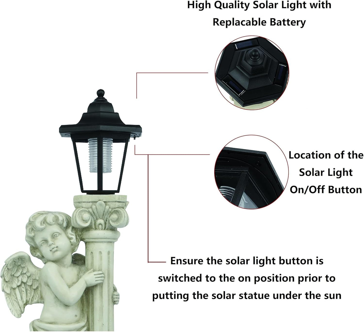 Angel Statue with Solar Lights (Right) 19.7 Inch, Outdoor Solar Angel Garden Statue with Roma Pillar for Garden Lawn Deocr, Christian Religious Gift