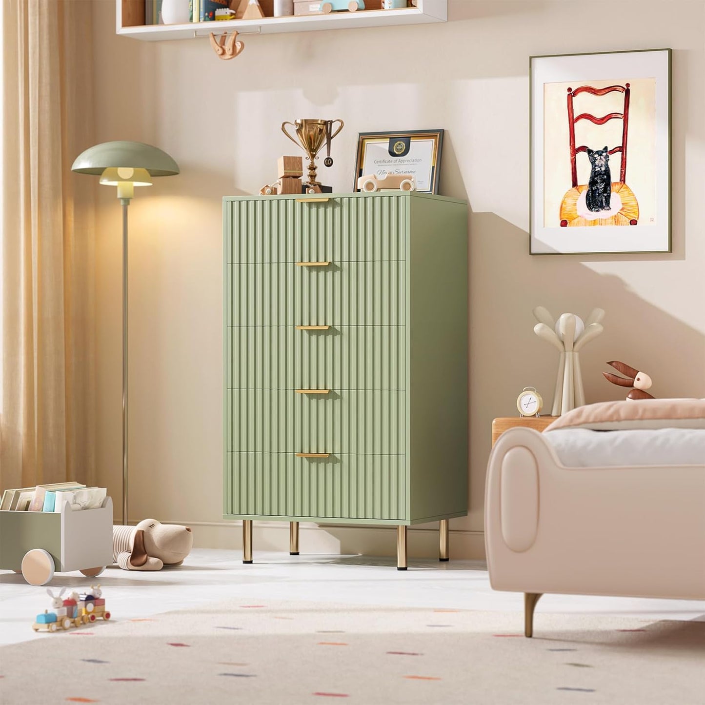 5 Drawer Dresser for Bedroom, 47.2" Tall Modern Chest of Drawers with Deep Drawers and Wide Top, Fluted Wooden Dresser Organizer for Living Room, Hallway, Kids Room, Green