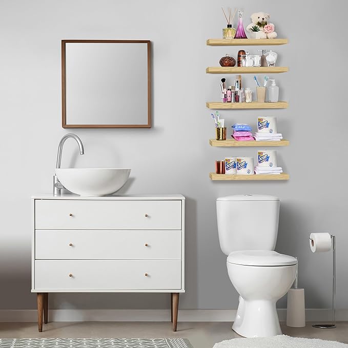 Sorbus Floating Shelves for Wall, Bathroom Shelves Wall Mounted for Kitchen, Bedroom, Living Room, Bathroom Storage, Over Toilet, Hanging Book Shelf for Ｗall Home Decor (Maple Wood, 5 Pack)