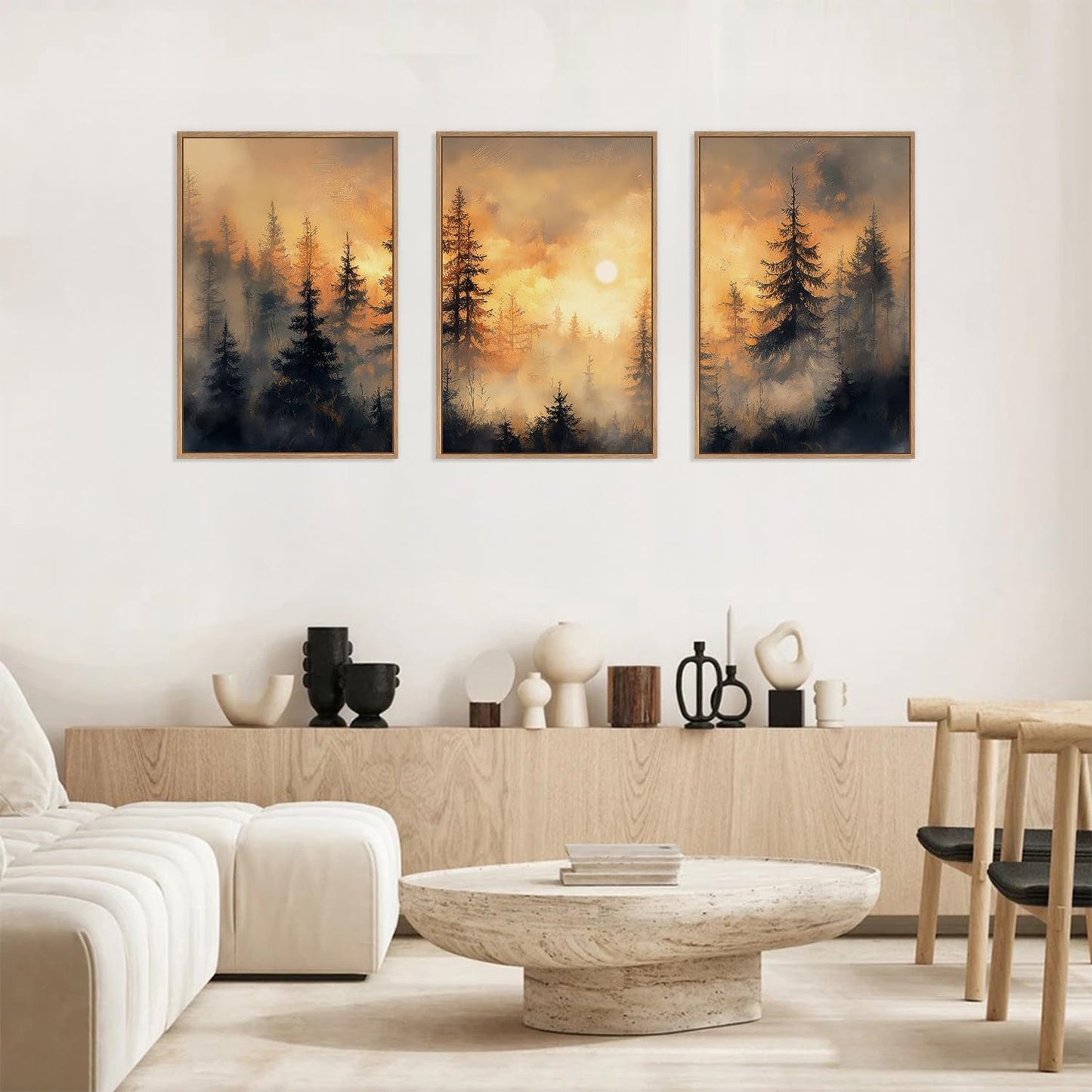 HLNIUC Golden Sunshine Forest Framed Canvas Wall Art,Foggy Forest Pine Tree Wall Decor,Large Sunset Landscape Art Print,Natural Misty Mountain Forest Wall Painting for Living Room,Bedroom - 16”x24”x3