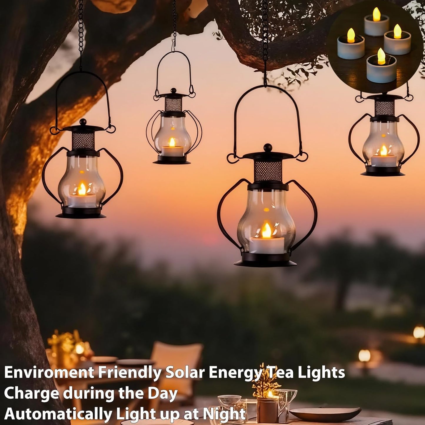 Solar Hanging Lanterns Outdoor Waterproof, Vintage Mini Metal Lantern with Flickering Solar Powered Tea Lights, Perfect Chargeable Solar Lights for Backyard Patio Garden Fence Tree Decoration-4Pack