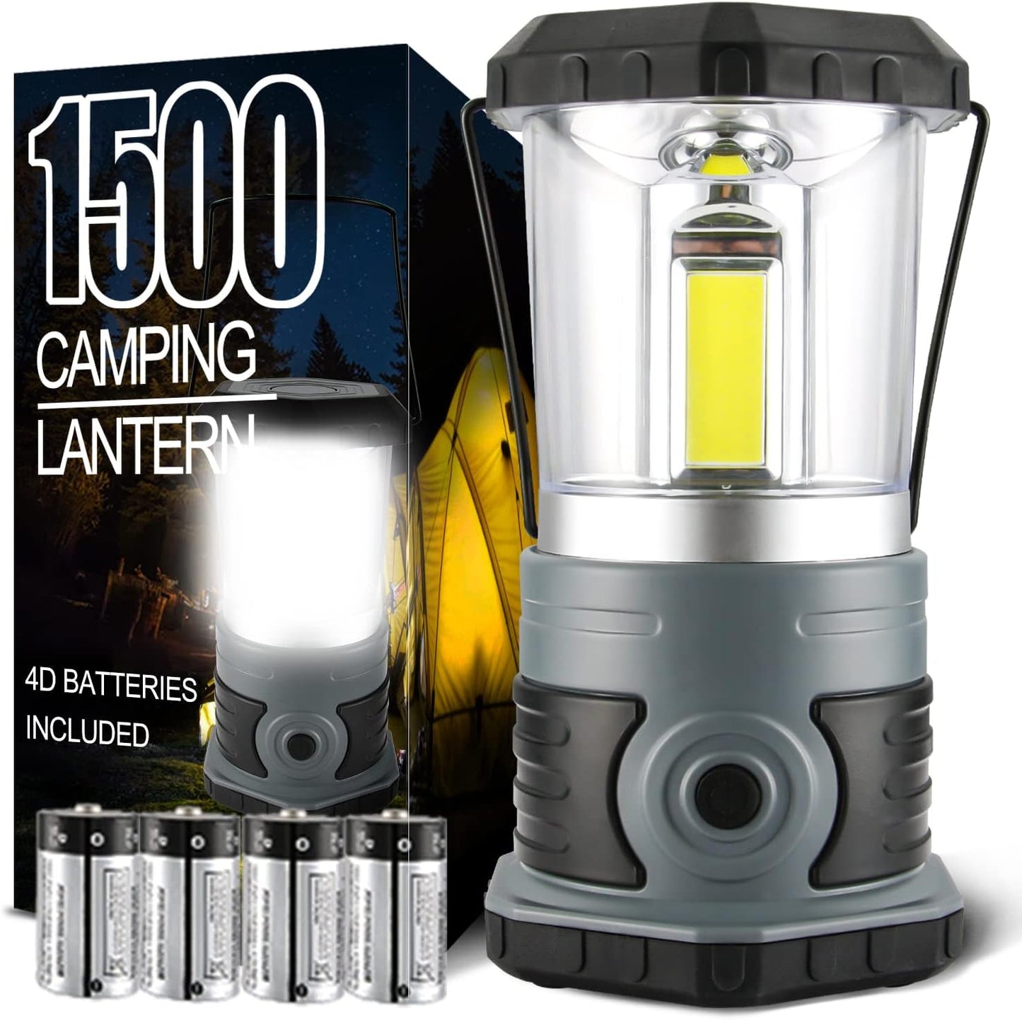 LED Camping Lantern, 1500 LM Lanterns for Power Outages with 4 D Batteries Included, Battery Powered Lantern Flashlight with 4 Light Modes, Weatherproof Tent Light for Storms and Hurricanes