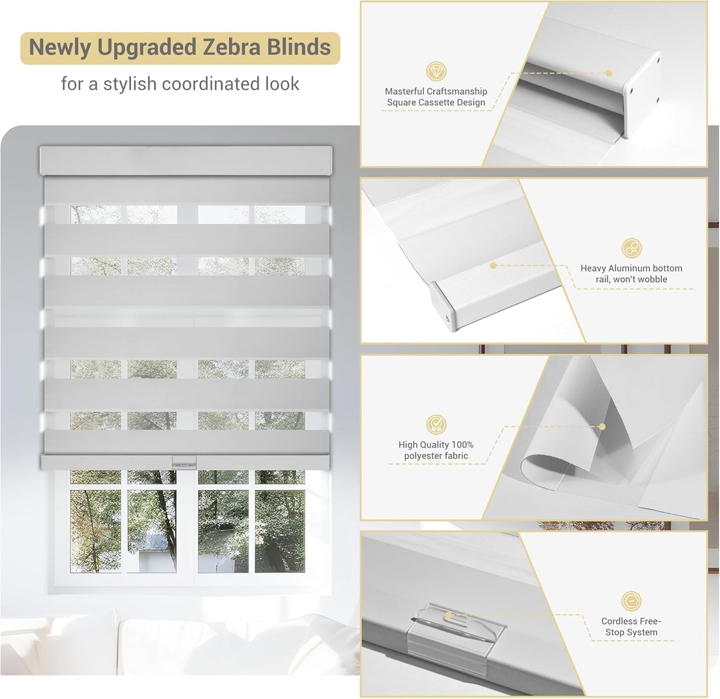 Cordless Zebra Blinds for Windows, Blackout Interior Blinds,Easy to Install,UV Protection,for Offices and Home,Custom Roller Shades, Solid White, 86" W x 88" H