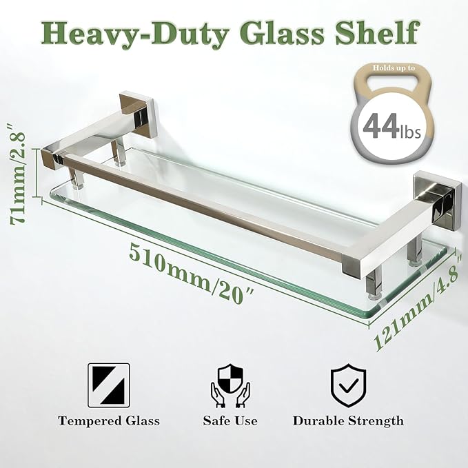 Alise Bathroom Shelves, Polished Chrome Glass Shelf for Bathroom, Modern Floating Shelves, 20 inch