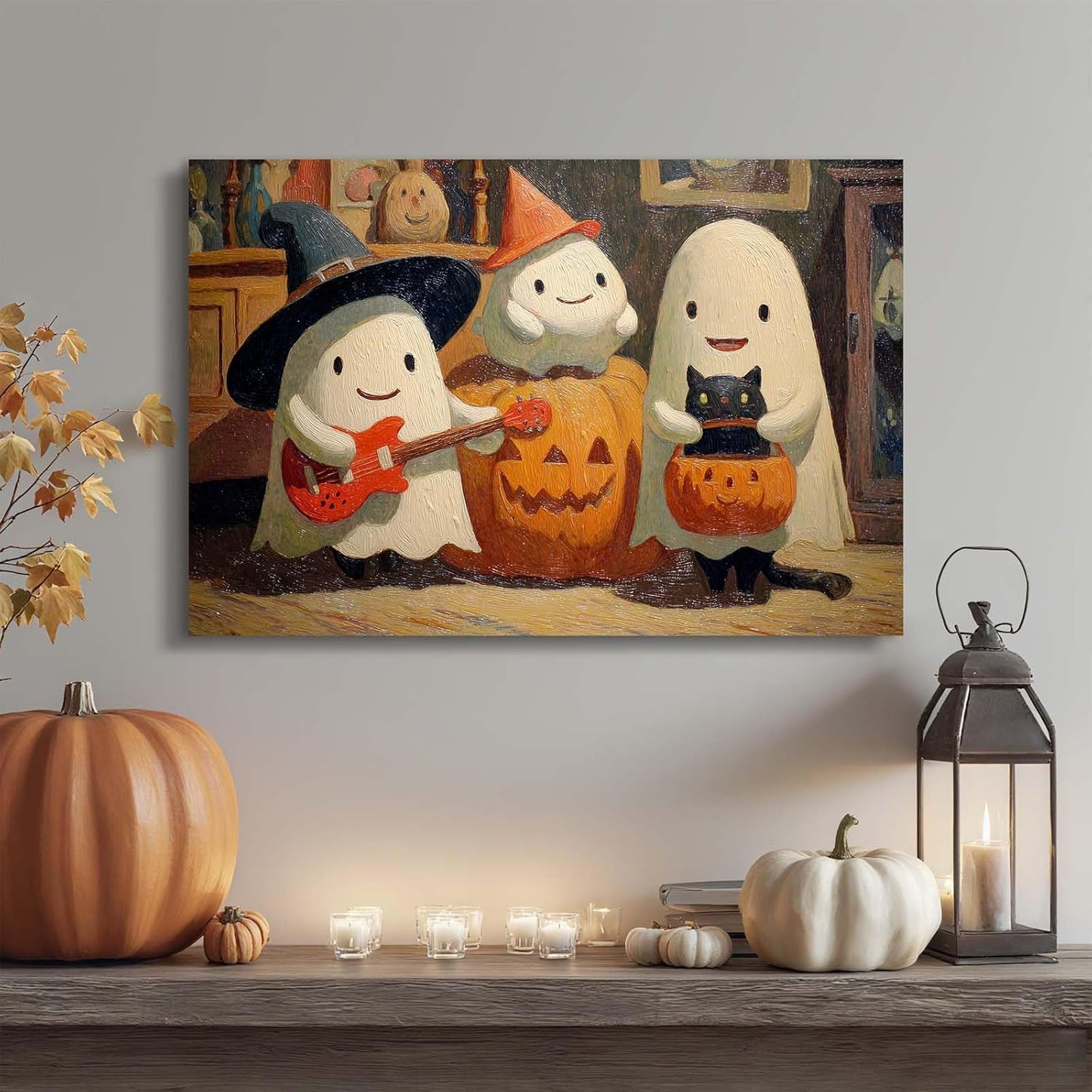 Laoife Vintage Halloween Canvas Wall Art, Autumn Pumpkin Cute Ghost Canvas Prints, Halloween Party House Decoration (Ghost 4)